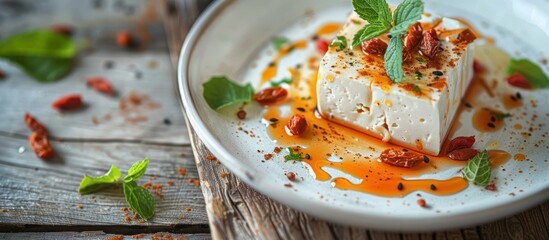 Wall Mural - White tofu with chili oil and mint on a white plate