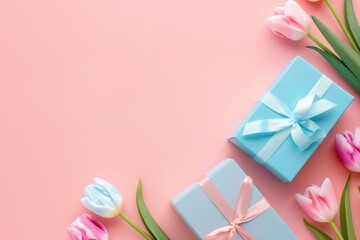Gift Of Time. Anniversary Celebration with Blank Blue Card and Gift Boxes on Pastel Pink Background