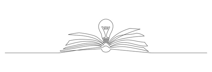 Aufkleber - One continuous line drawing of light bulb above book. Knowledge and creative idea symbol in simple linear style. Reading and writing concept in editable stroke. Doodle vector illustration