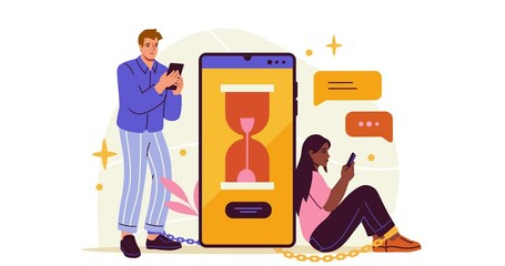 Poster - internet addiction and digital overload. moving unhappy man and woman chained to smartphone. charact