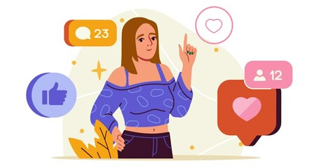 Poster - internet addiction and digital overload. moving banner with anxious woman checking social media. sad
