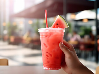 A Glass of watermelon juice with slice of watermelon, Refreshing and healthy watermelon  juice ice in a glass with summer background, watermelon juice photo