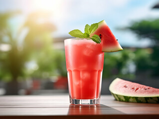 Wall Mural - A Glass of watermelon juice with slice of watermelon, Refreshing and healthy watermelon  juice ice in a glass with summer background, watermelon juice photo