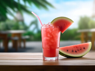 Wall Mural - A Glass of watermelon juice with slice of watermelon, Refreshing and healthy watermelon  juice ice in a glass with summer background, watermelon juice photo