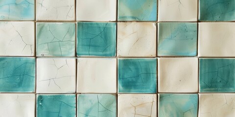 Wall Mural - Vintage Ceramic Tile Pattern with Cracked Turquoise and Beige Squares. Retro Aged Square Tiles