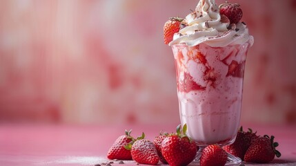 Wall Mural - In a pink background, a delicious strawberry and chocolate milkshake is topped with whipped cream