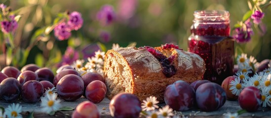 Wall Mural - Bread, plums, and jam in a garden setting