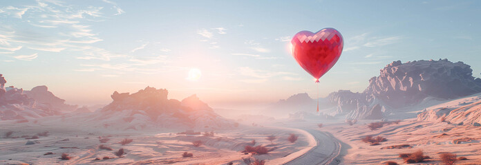 Wall Mural - Sci-fi background with a red heart-shaped flying balloon on a desert trail