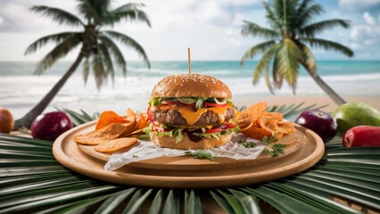 Sticker - A large hamburger with chips and a drink on the beach, AI