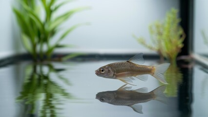 Sticker - A small fish swimming in a tank with plants and water, AI