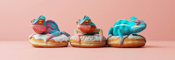 Canvas Print - Three chameleons and chocolate donuts, minimal food concept