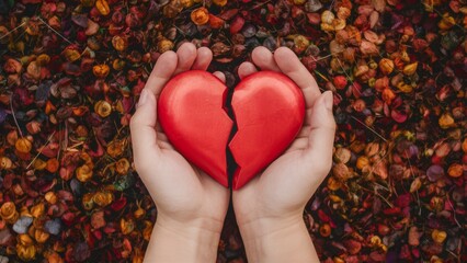 Wall Mural - A person holding a broken heart in their hands surrounded by leaves, AI