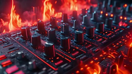 Poster - DJ mixing console featuring brightly lit knobs and sliders, surrounded by vivid flames and sparks, creating an intense and dynamic atmosphere.