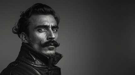 Close-up of a stylish man with a thick mustache wearing a leather jacket, against a blue background. Copy space. 