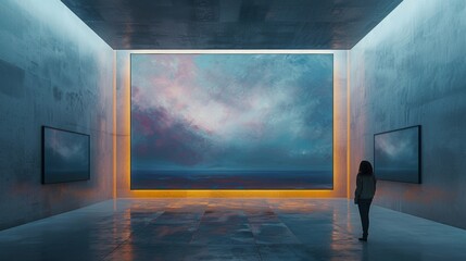 Wall Mural - abstract painting of stormy sky, soft and subtle colors, atmospheric, atmospheric light, wide angle, on empty floor in gallery space