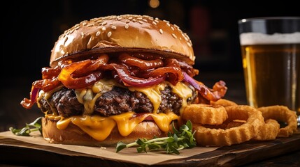Wall Mural - A gourmet cheeseburger loaded with crispy onion rings, barbecue sauce, and melted cheddar cheese  