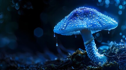 Wall Mural - Illuminated Crystalline Gemstone Mushroom In The Dark (Generative AI)