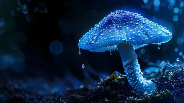 Illuminated Crystalline Gemstone Mushroom In The Dark (Generative AI)