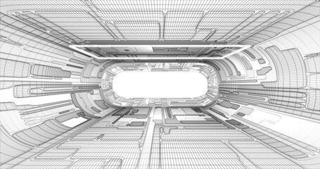 Poster - Futuristic low poly sci-fi laboratory or spaceship corridor with neon light. Vector illustration