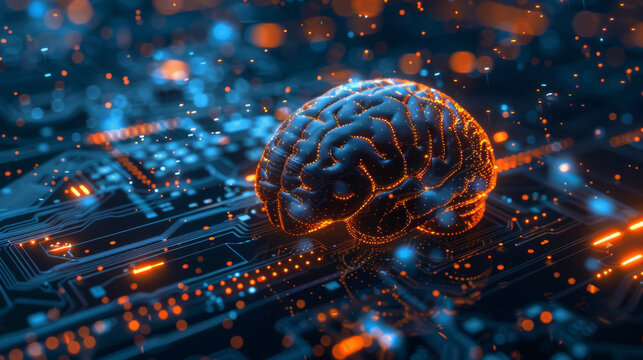 Futuristic circuit board backdrop with a glowing brain illustration