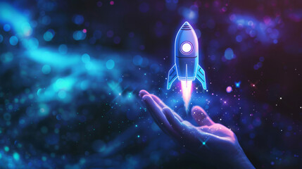 Poster - A 3d digital rendering of a rocket lifting off from a hand amidst a vibrant, starry space backdrop