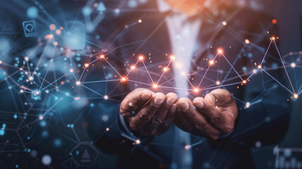 Poster - Businessman touches virtual network connections glowing against a dark tech background