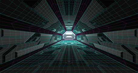 Poster - Futuristic low poly sci-fi laboratory or spaceship corridor with neon light. Vector illustration
