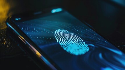Poster - Close-up of a smartphone screen with a fingerprint scan for biometric security verification