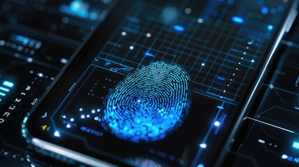 Poster - Close-up of a smartphone screen with a fingerprint scan for biometric security verification