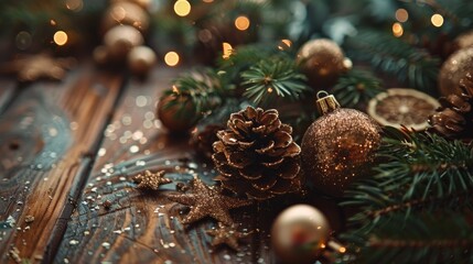 Sticker - Subdued close up photograph of Christmas decorations on a table made of wood