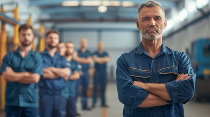 Wall Mural - A group of men in blue work clothes stand in a line, profession engineer