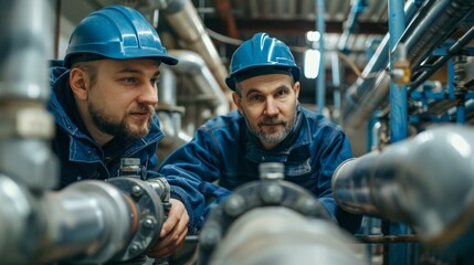 Canvas Print - Two men in blue work clothes are looking at a pipe, profession engineer