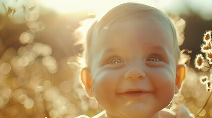 Wall Mural - A happy baby is smiling in a field of tall grass under the blue sky