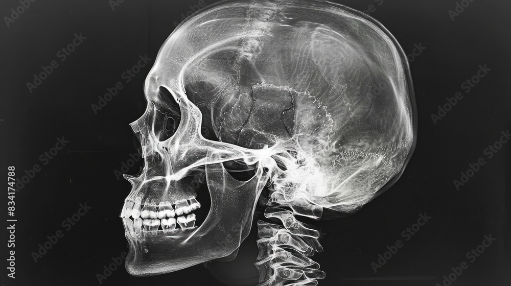 Side view x-ray of a human skull, showing the intricate details of the ...