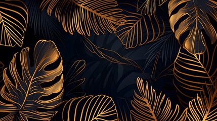 Wall Mural - Abstract luxury dark art background with hand drawn palm leaves in golden line style. Botanical banner with tropical plants for wallpaper, decor, packaging, print, interior design
