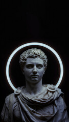 Wall Mural - A statue of a Roman, greek emperor with a glowing circle around him. black background with copy space for text.