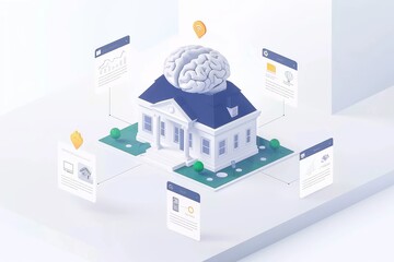 Sticker - 3D illustration of a brain atop a house, symbolizing smart home technology in a digital, high-tech environment.