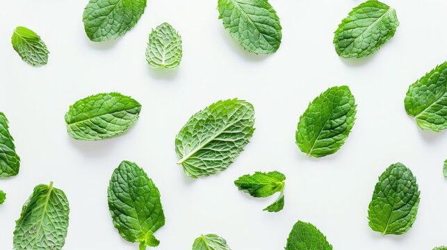 Bright mint leaves set against a white background
