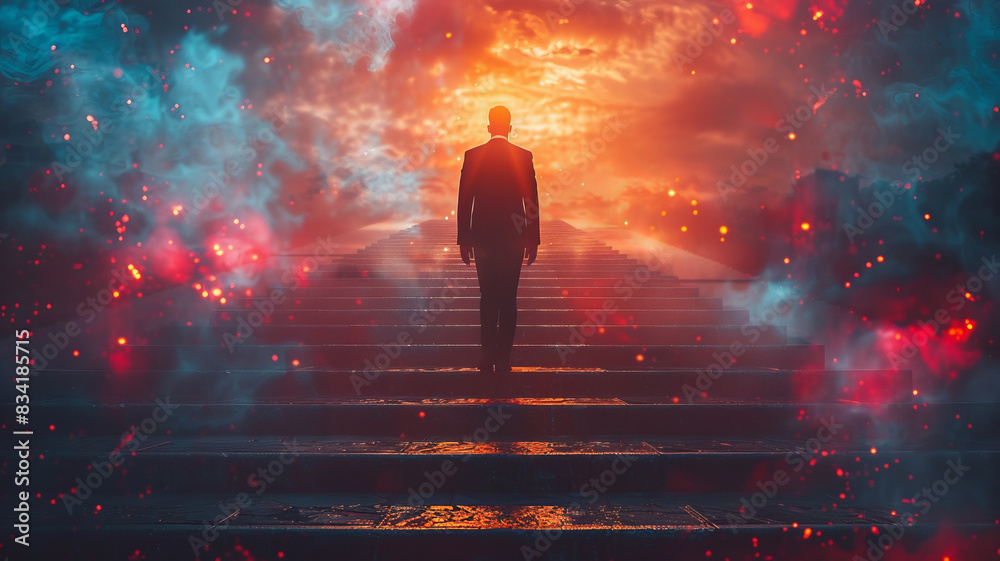 Ambitious business man climbing stairs to meet incoming challenge and ...