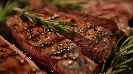 Wall Mural - A close-up of a sliced steak, seared on the outside and juicy on the inside, with rosemary garnish.