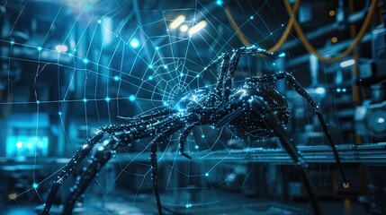 A robotic spider weaving an intricate web of glowing fibers in a futuristic lab setting.