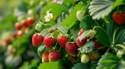 Wall Mural - Close-up of green bushes with ripe green strawberries