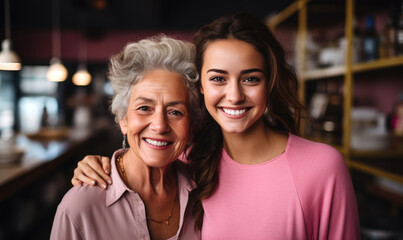 A smiling young girl is hugging an elderly woman