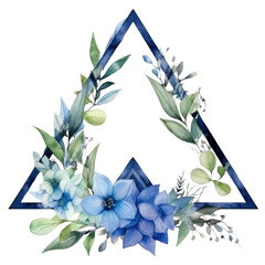 Wall Mural - Watercolor floral frame with blue flowers and greenery on a white background. Thin picture frame decorated with blue flower. Elegant botany concept for wedding stationery and design template. AIG35.