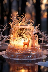 Wall Mural - Christmas candle holder with reindeer and snowflakes in winter forest
