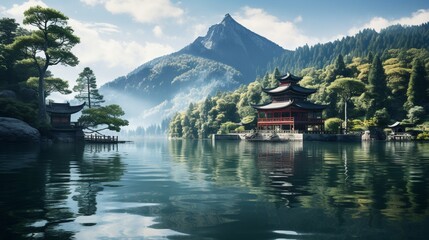 Wall Mural - A peaceful scene of a Chinese pagoda by a lake, with its reflection mirrored in the still water and   