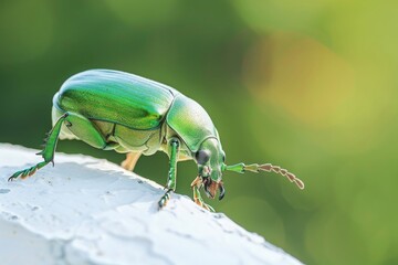 a green beetle sitting on top of a white surface