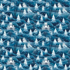 Snow owls and trees, 3D snowy forest, ice snow castle, seamless pattern, fashionable textile background 