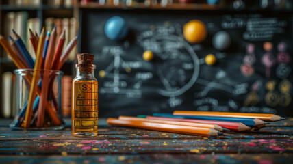 Blackboard design adorned with playful drawings of educational tools, embodying the spirit of academic exploration,generative ai