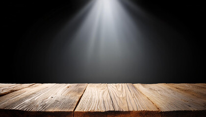 Wall Mural - empty wooden on black backdrop with spotlight. Wood table top. can used for display or montage your products